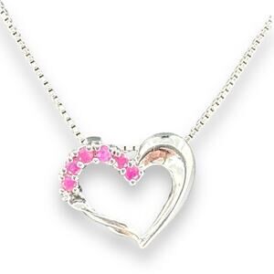 Ruby Heart Pendant Sterling Silver Necklace 16” Spring Ring Clasp